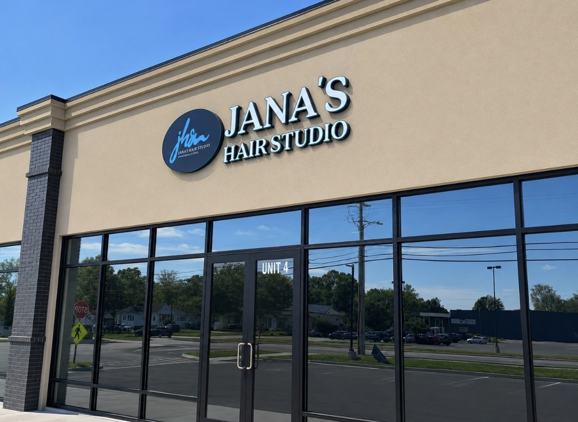 Jana's Hair Studio illuminated channel letter storefront signage